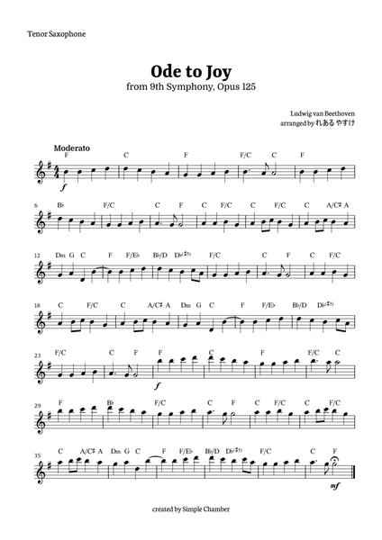 Ode to Joy for Tenor Saxophone Solo by Beethoven Opus 125 image number null