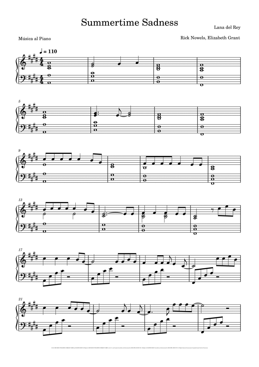 Summertime Sadness Piano Solo scores gallery preview page 1