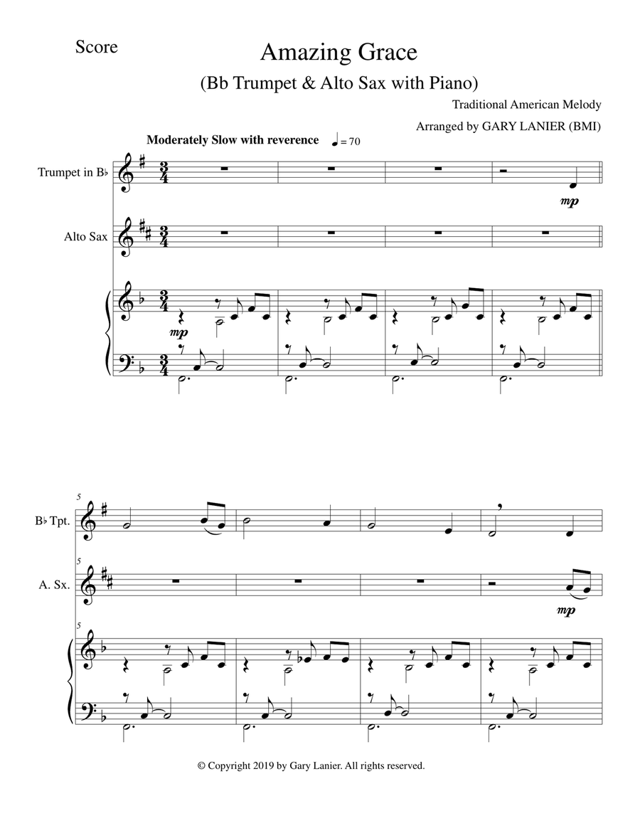 AMAZING GRACE (Bb Trumpet & Alto Sax with Piano - Score & Parts included) Alto Saxophone scores gallery preview page 2