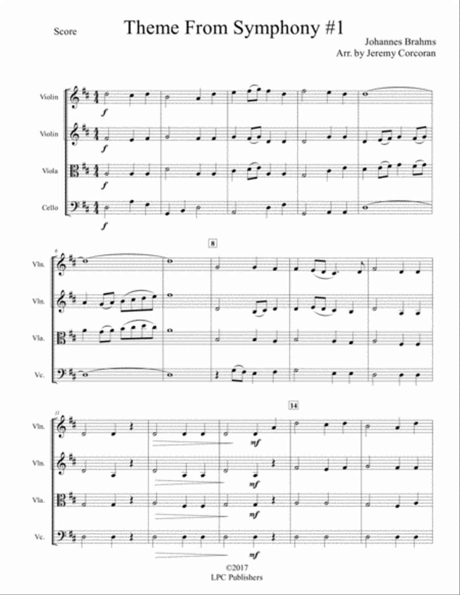Theme from Brahms Symphony #1 for String Quartet String Quartet scores gallery preview page 2