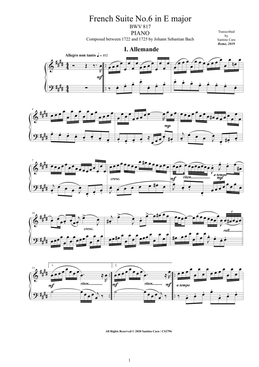 Bach - French Suite No.6 in E major BWV 817 for Piano image number null