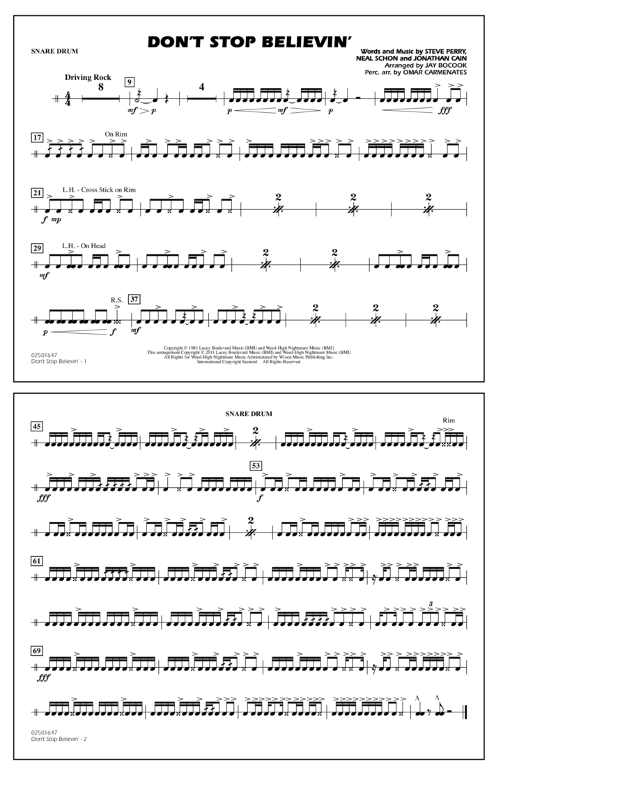 Don't Stop Believin' - Snare Drum Marching Band scores gallery preview page 1