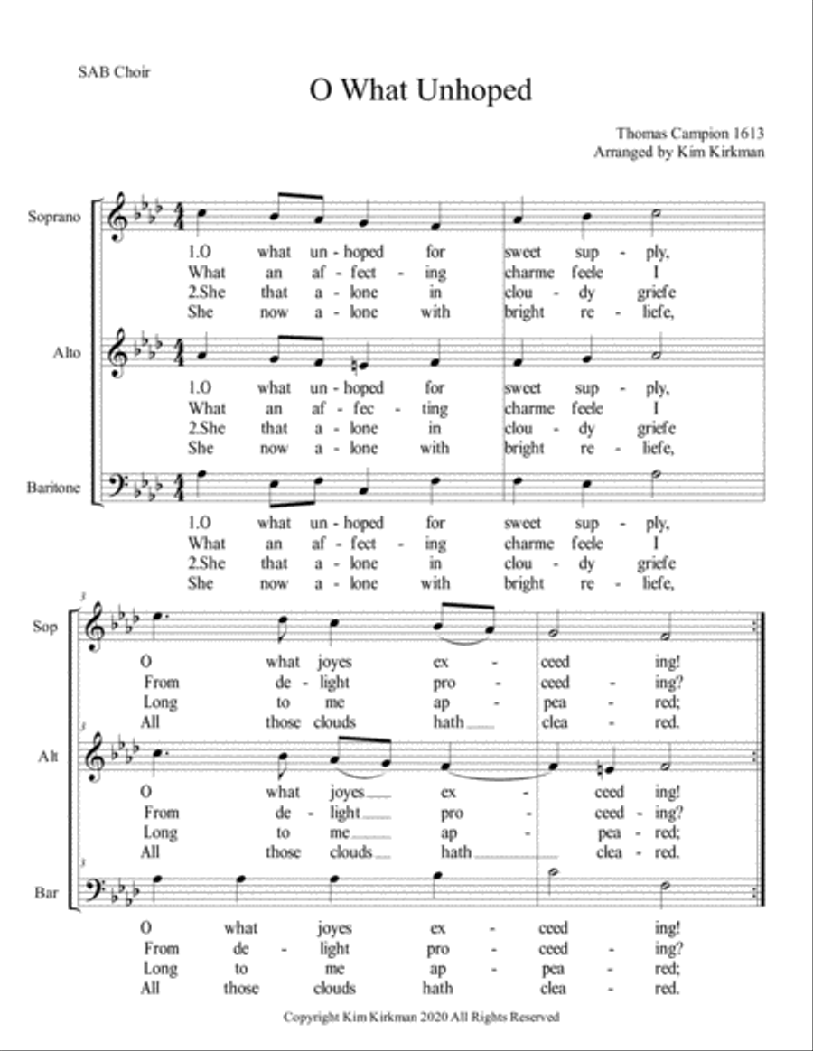 O What Unhoped madrigal by Campion SAB 3-Part scores gallery preview page 1