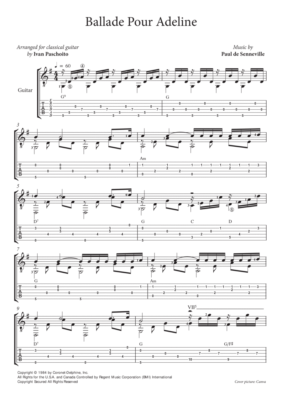 Ballade Pour Adeline Guitar Tablature scores gallery preview page 1