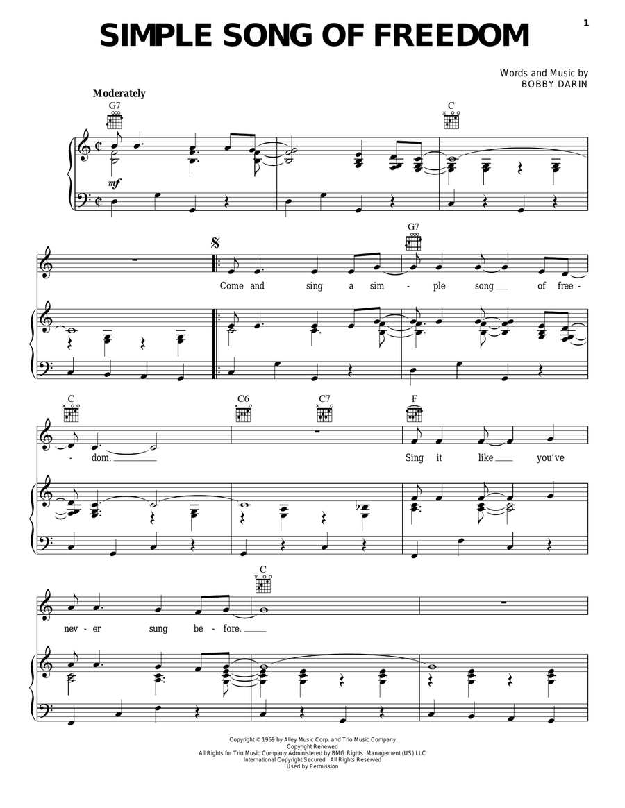 Simple Song Of Freedom Piano, Vocal, Guitar scores gallery preview page 1