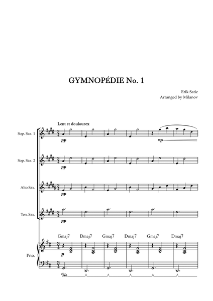 Gymnopédie no 1 | Saxophone Quartet | Original Key | Chords | Piano accompaniment |Easy intermediate image number null