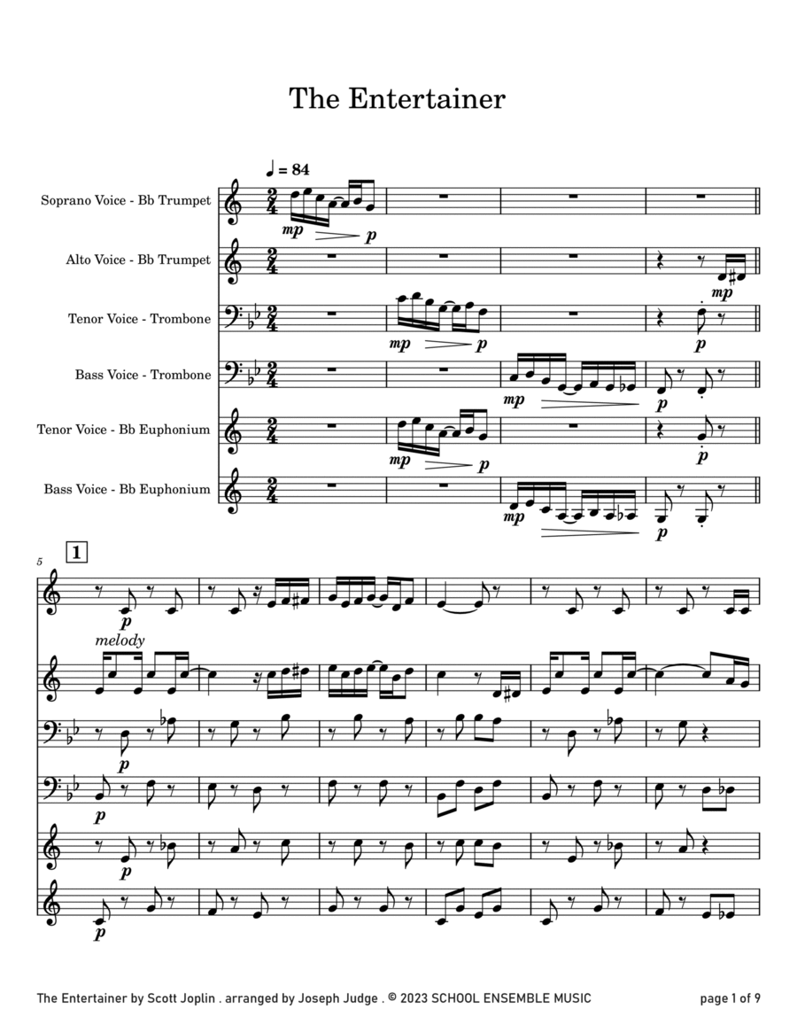 The Entertainer by Scott Joplin for Brass Quartet in Schools Brass Quartet scores gallery preview page 1