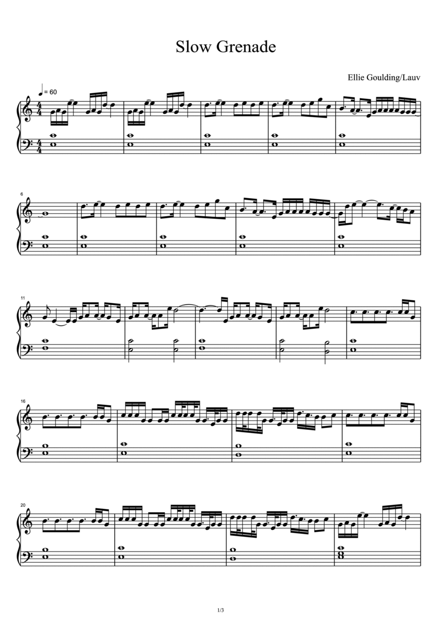 Slow Grenade Piano Solo scores gallery preview page 1