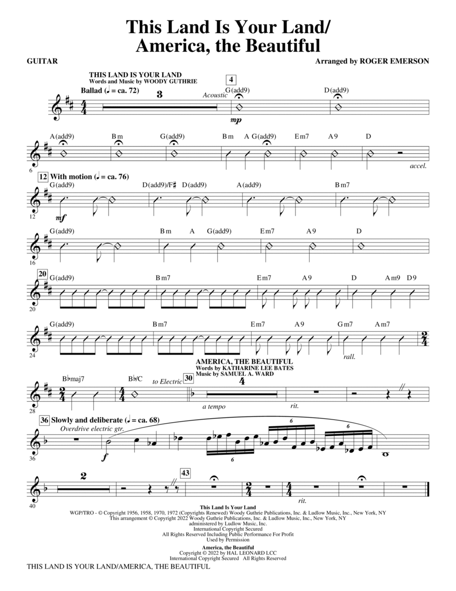 This Land Is Your Land/America, The Beautiful - Guitar Choir scores gallery preview page 1
