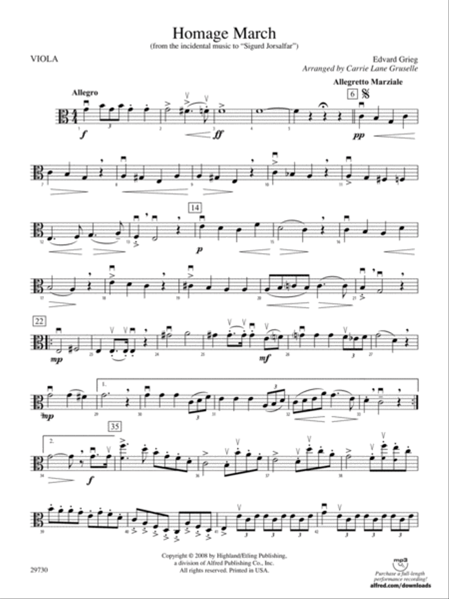Homage March (from the incidental music to Sigurd Jorsalfar): Viola String Orchestra scores gallery preview page 1