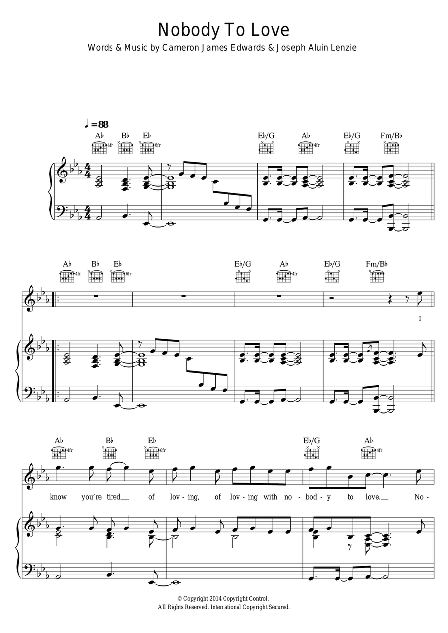 Nobody To Love Piano, Vocal scores gallery preview page 1