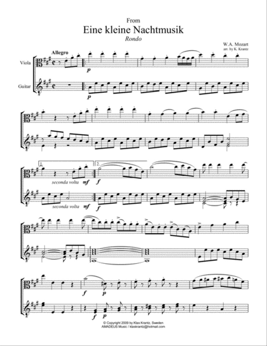 Rondo from Eine kleine Nachtmusik for viola and guitar String Duet scores gallery preview page 1