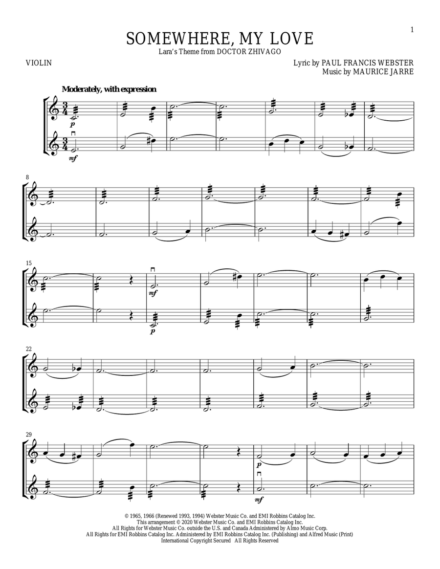 Somewhere, My Love (Lara's Theme) (from Doctor Zhivago) String Duet scores gallery preview page 1