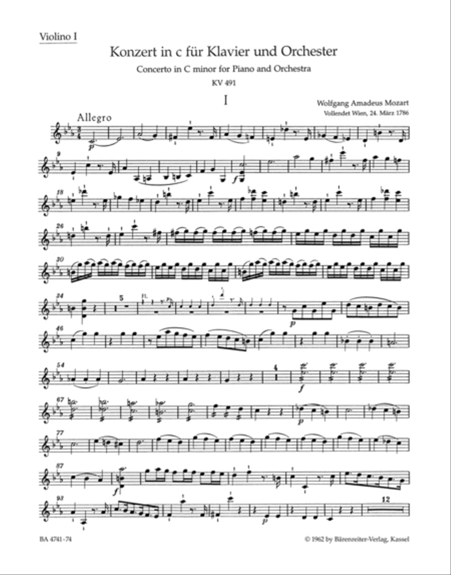 Concerto for Piano and Orchestra, No. 24 c minor, KV 491 Orchestra scores gallery preview page 1