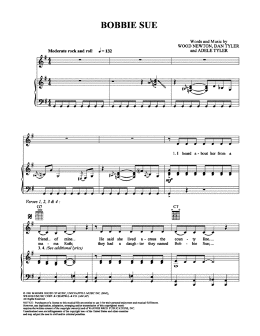 Bobbie Sue Bobbie Sue Piano, Vocal, Guitar scores gallery preview page 1