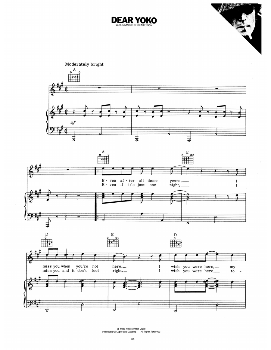 Dear Yoko Piano, Vocal, Guitar scores gallery preview page 1