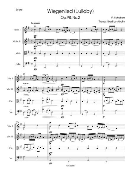 Schubert: Wiegenlied (Lullaby), Op.98, No.2 - String Quartet image number null