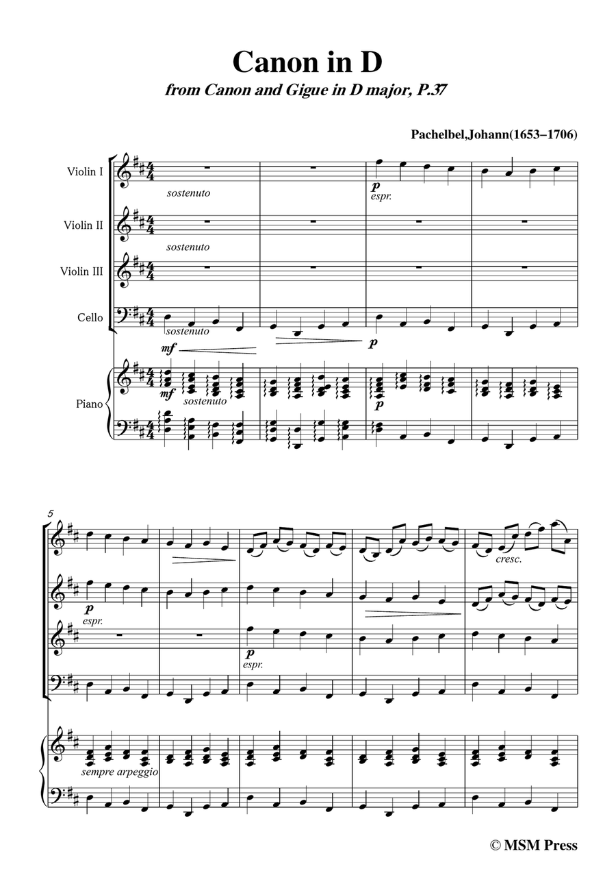 Pachelbel-Canon in D,P.37,No.1,for 3 Violins,Cello and Piano Piano Trio scores gallery preview page 3