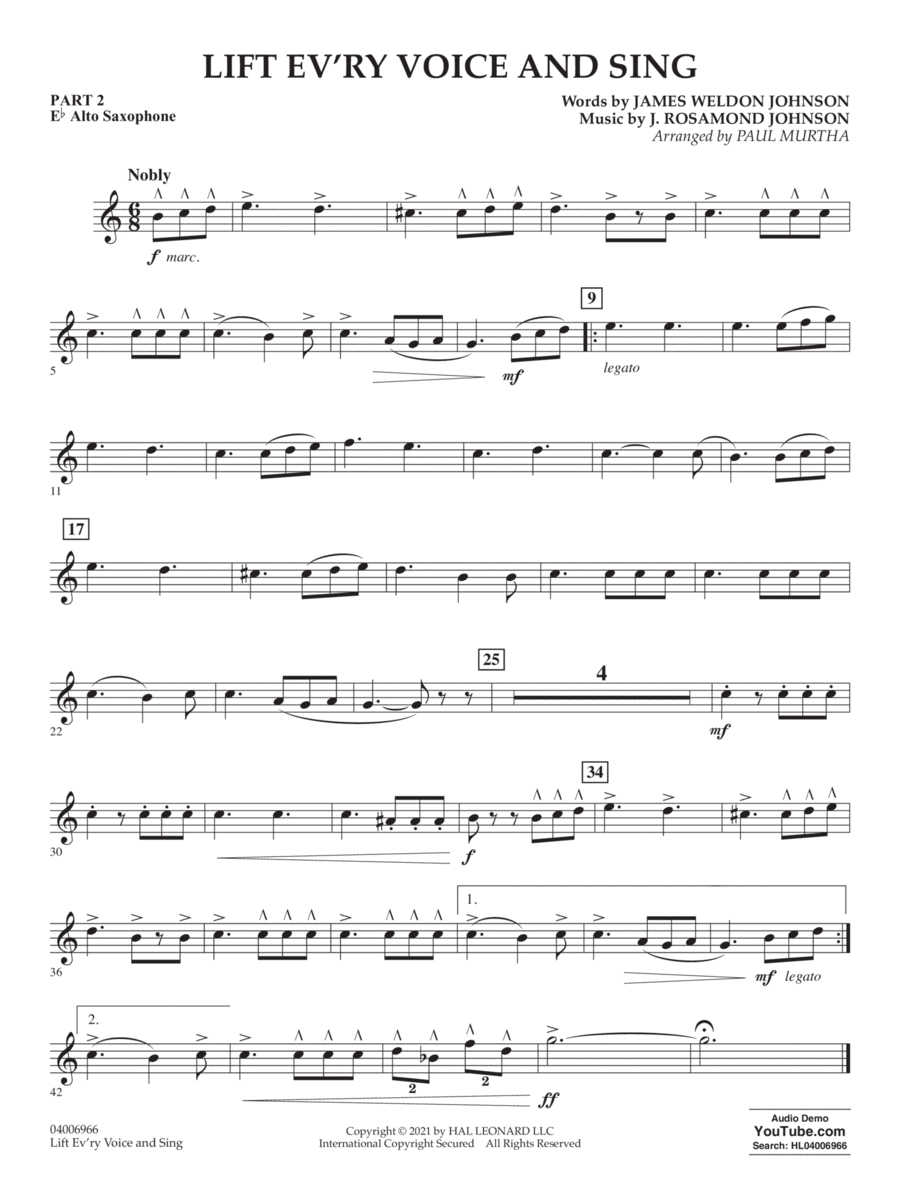 Lift Ev'ry Voice And Sing (arr. Paul Murtha) - Pt.2 - Eb Alto Saxophone