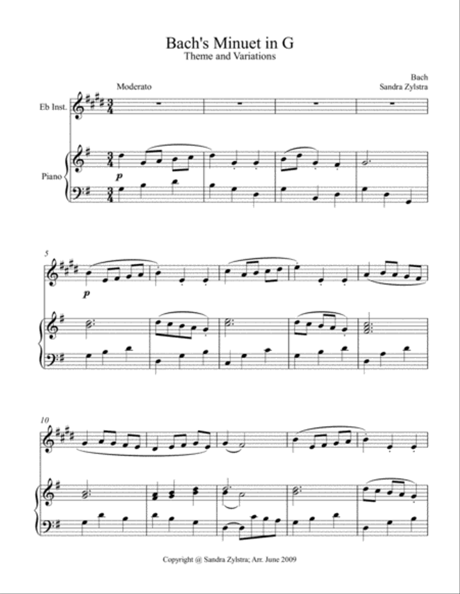 Bach's Minuet In G (treble Eb instrument solo) Alto Saxophone scores gallery preview page 2
