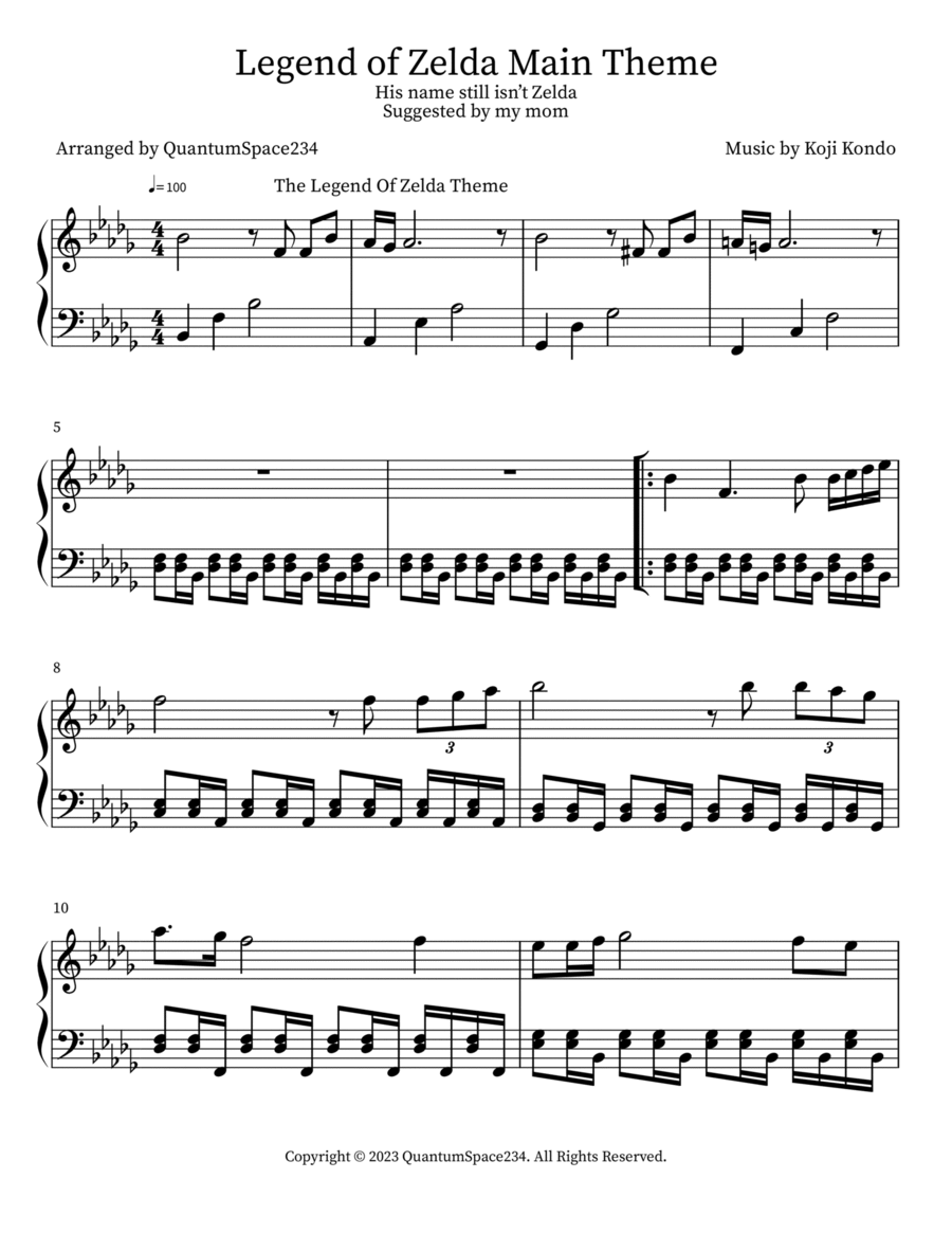 Legend of Zelda Main Theme Piano Solo scores gallery preview page 1