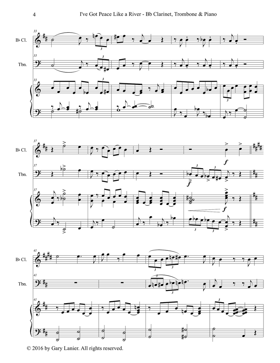 Gary Lanier: I'VE GOT PEACE LIKE A RIVER (Trio – Bb Clarinet, Trombone & Piano with Parts) Trombone Trio scores gallery preview page 5