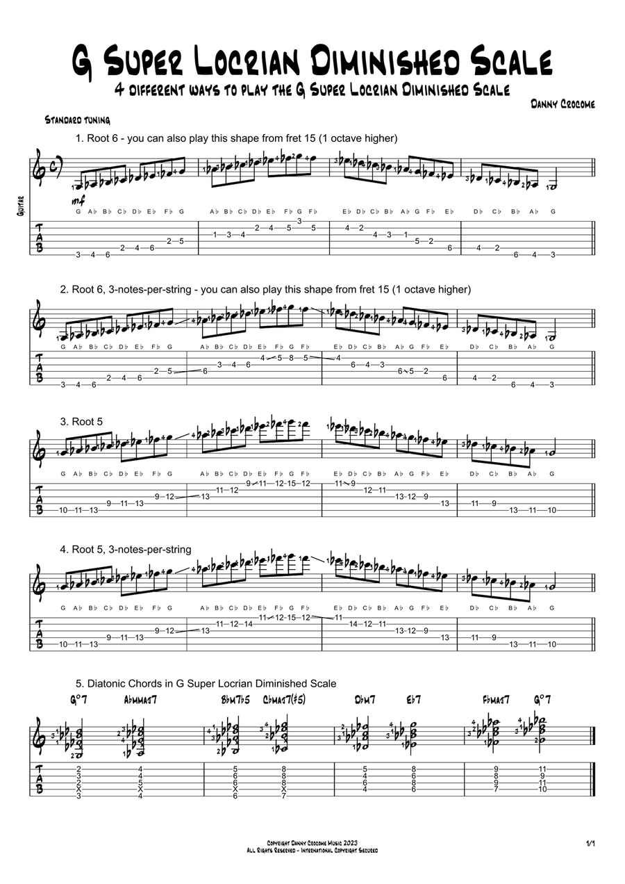 G Super Locrian Diminished Scale (4 Ways to Play) Electric Guitar scores gallery preview page 1