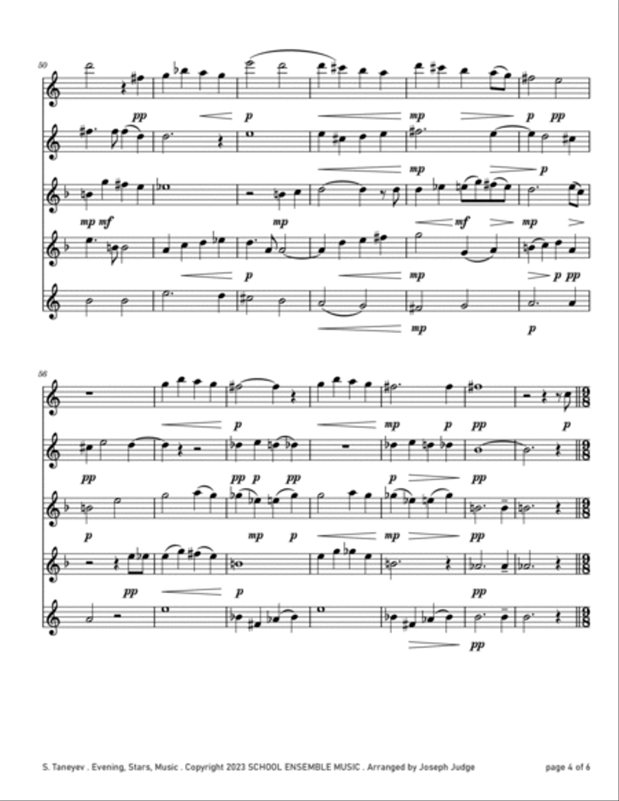 Evening Stars Music by Taneyev for Saxophone Quintet in Schools Saxophone Quintet scores gallery preview page 4