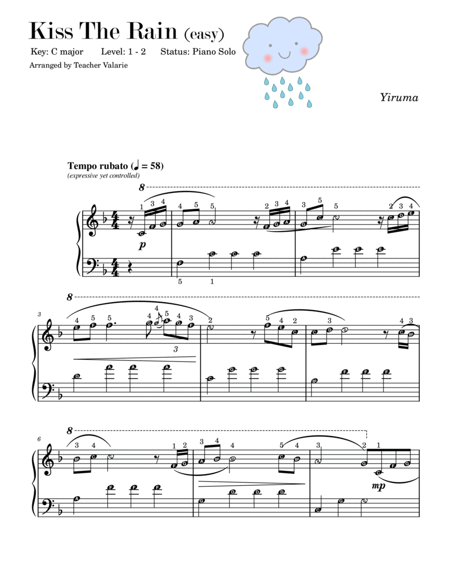 EASY Kiss the Rain for Grade 1 Piano Solo in F major for Self Learning Series Easy Piano scores gallery preview page 1