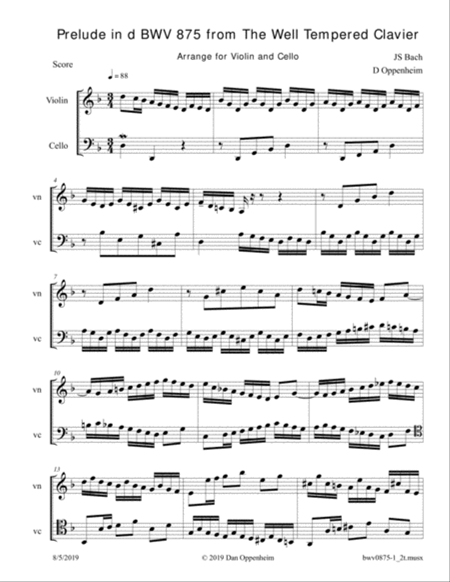 Bach: Prelude in d BWV 875 from The Well Tempered Clavier arranged for Violin and Cello String Duet scores gallery preview page 1