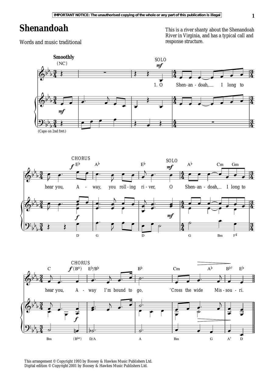 Shenandoah Piano, Vocal scores gallery preview page 1