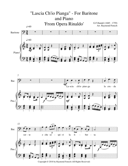 Lascia Ch'io Pianga - From Opera 'Rinaldo' - G.F. Handel ( Baritone Voice and Piano) image number null