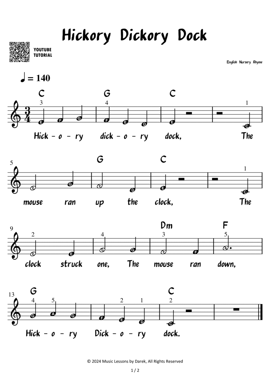 Hickory Dickory Dock – English Nursery Rhyme [VERY EASY] Easy Piano scores gallery preview page 1