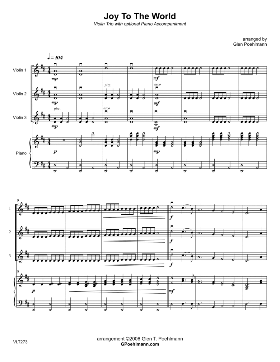 JOY TO THE WORLD - VIOLIN TRIO with optional Piano. Cello parts also included! Small Ensemble scores gallery preview page 1