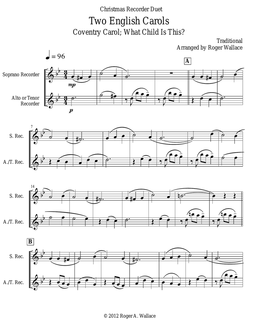 Two English Carols (Coventry Carol; What Child Is This?) - Recorder Duet Woodwind Duet scores gallery preview page 1