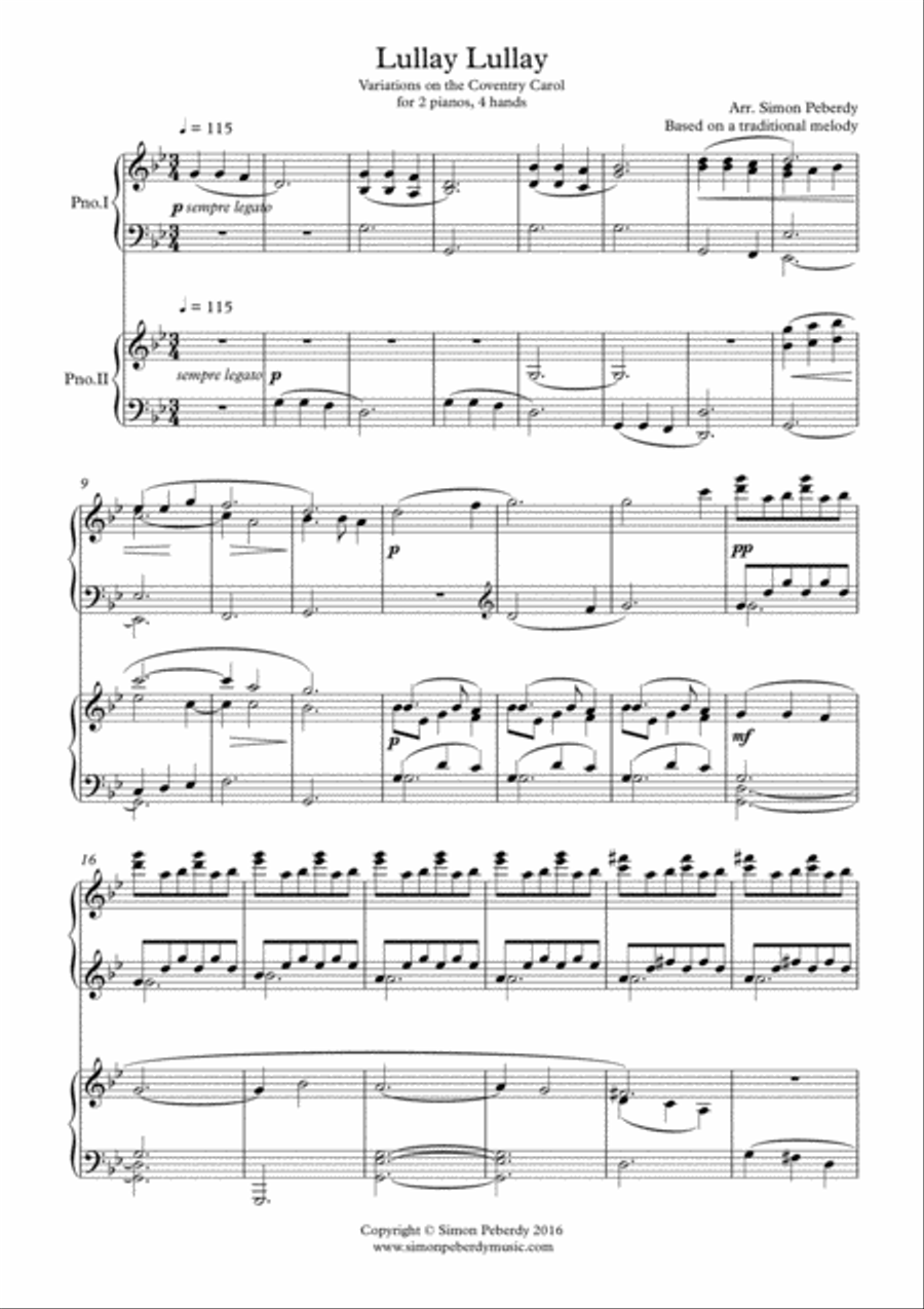 Lullay, Lullay; Christmas Carol Variations on the Coventry Carol, for 2 pianos, Arr. Simon Peberdy 2 Pianos, 4-Hands scores gallery preview page 2