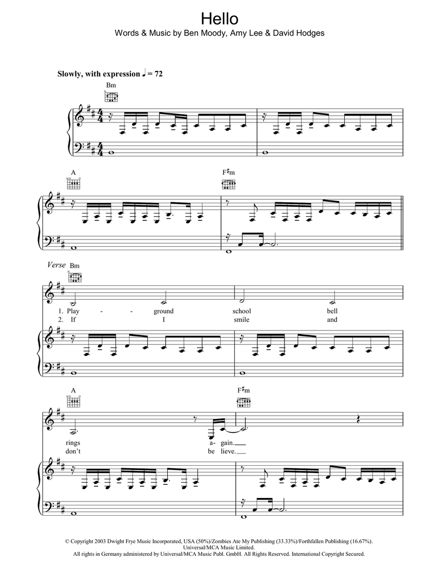Hello Piano, Vocal, Guitar scores gallery preview page 1
