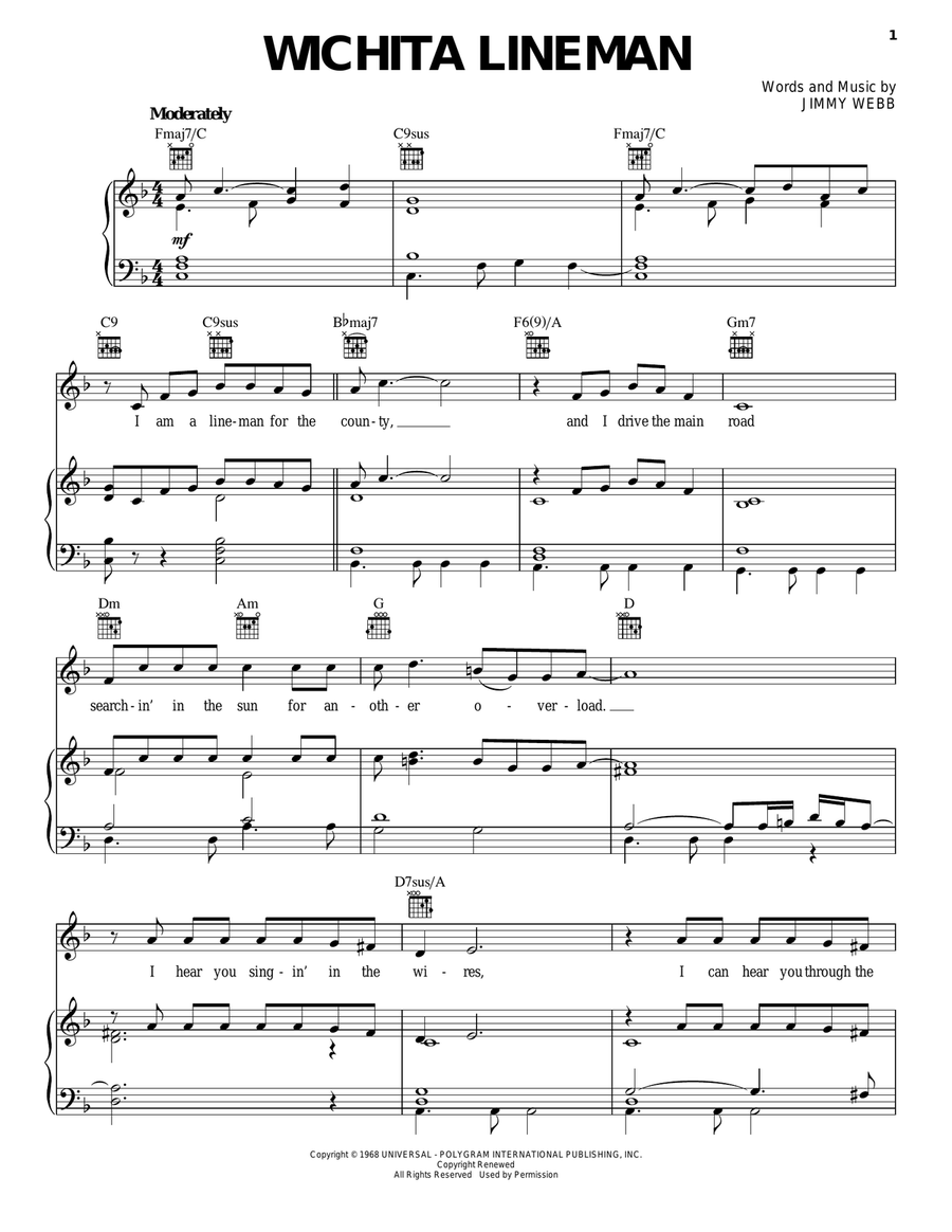 Wichita Lineman Piano, Vocal, Guitar scores gallery preview page 1