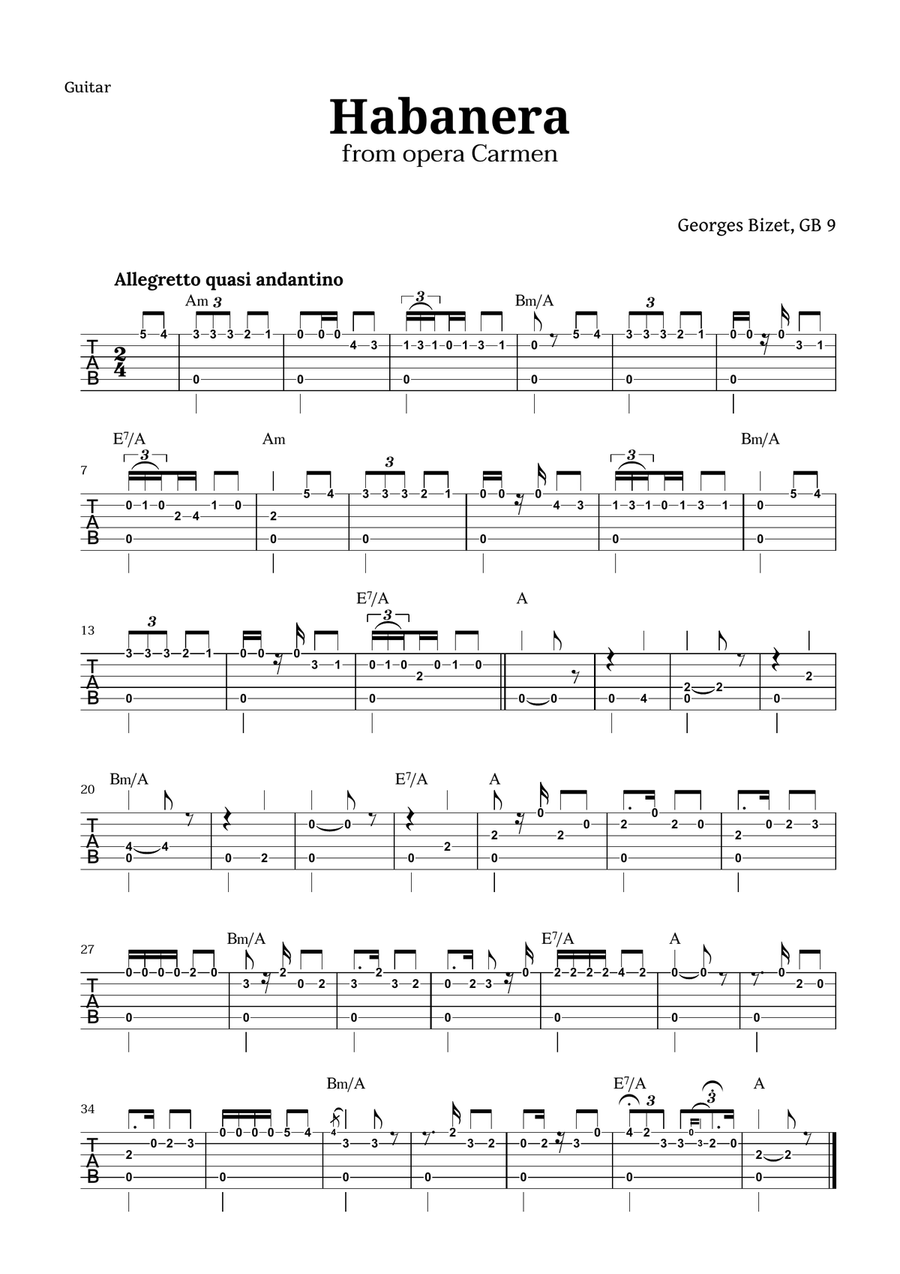 Habanera from Carmen by Bizet for Guitar TAB with Chords Acoustic Guitar scores gallery preview page 1