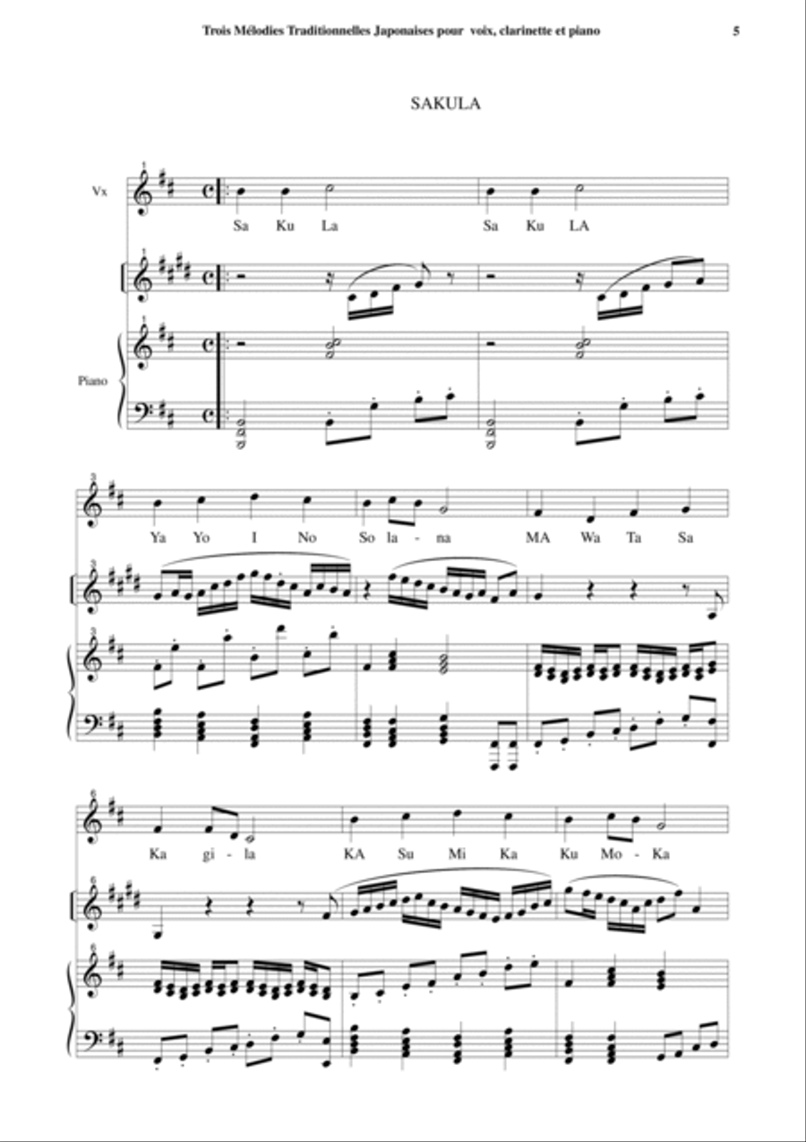 Jean-Thierry Boisseau: Trois Mélodies Japonaises for medium voice, Bb clarinet and piano Small Ensemble scores gallery preview page 5