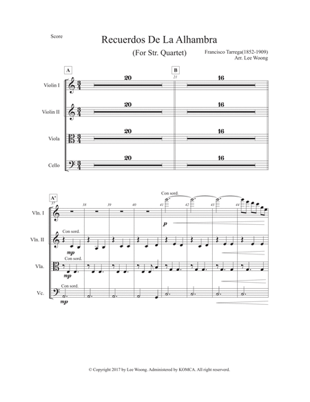 Francisco Tárrega -Recuerdos De La Alhambra(for str. Quartet)- String Score image number null