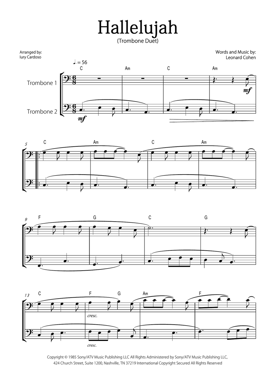 Hallelujah Trombone Duet scores gallery preview page 1
