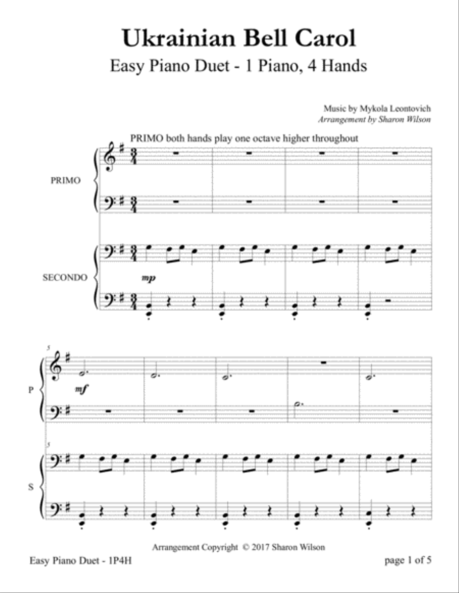 Ukrainian Bell Carol (Easy Piano Duet; 1 Piano, 4 Hands) Easy Piano scores gallery preview page 5