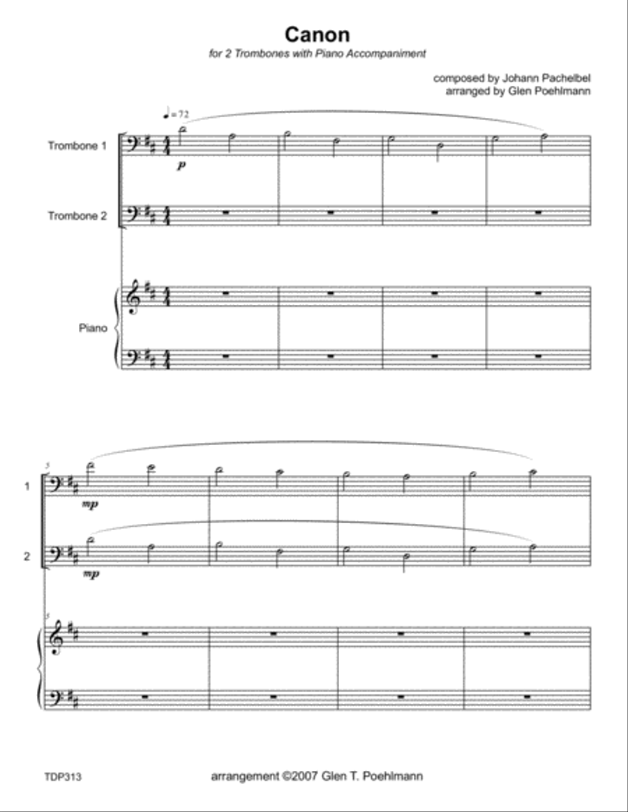 CANON IN D (Pachelbel) - TROMBONE DUET with Piano Accompaniment Brass Duet scores gallery preview page 1