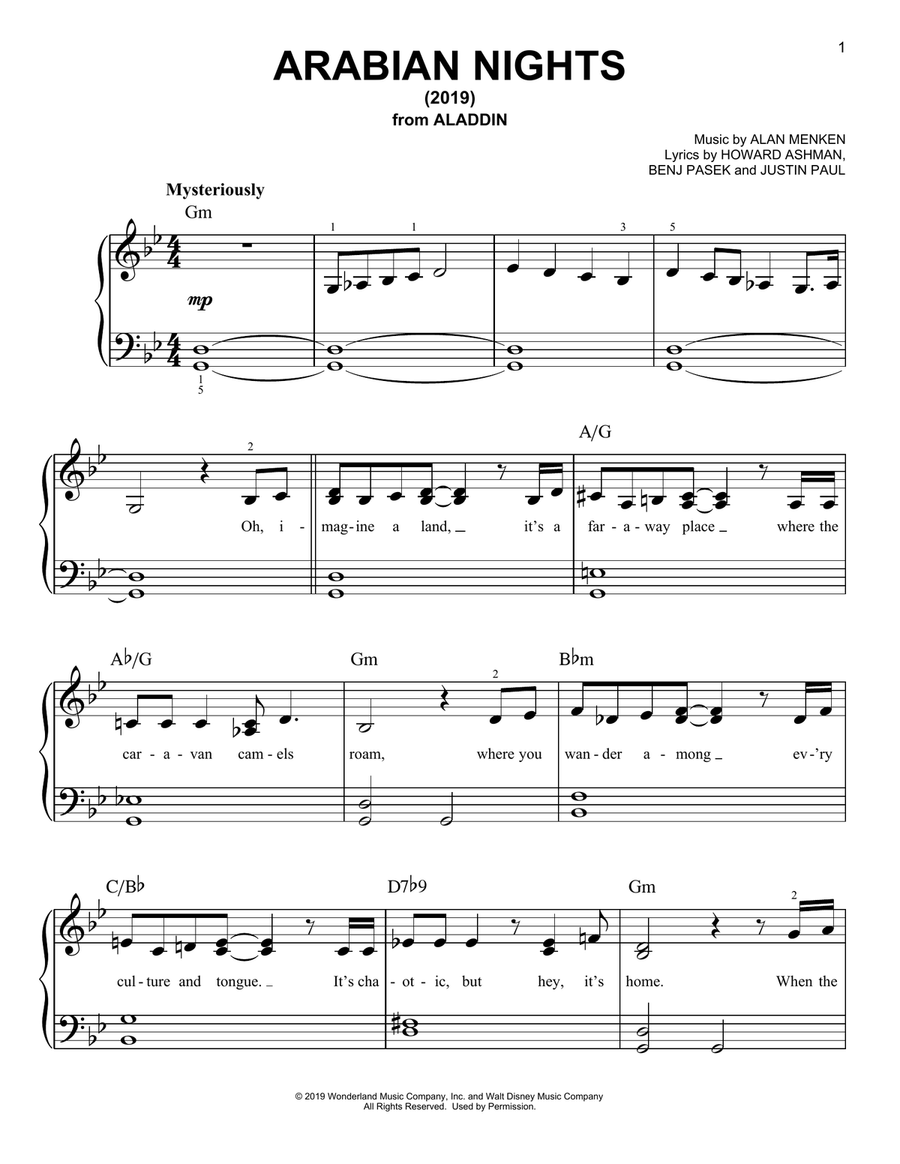 Arabian Nights (2019) (from Disney's Aladdin) Easy Piano scores gallery preview page 1