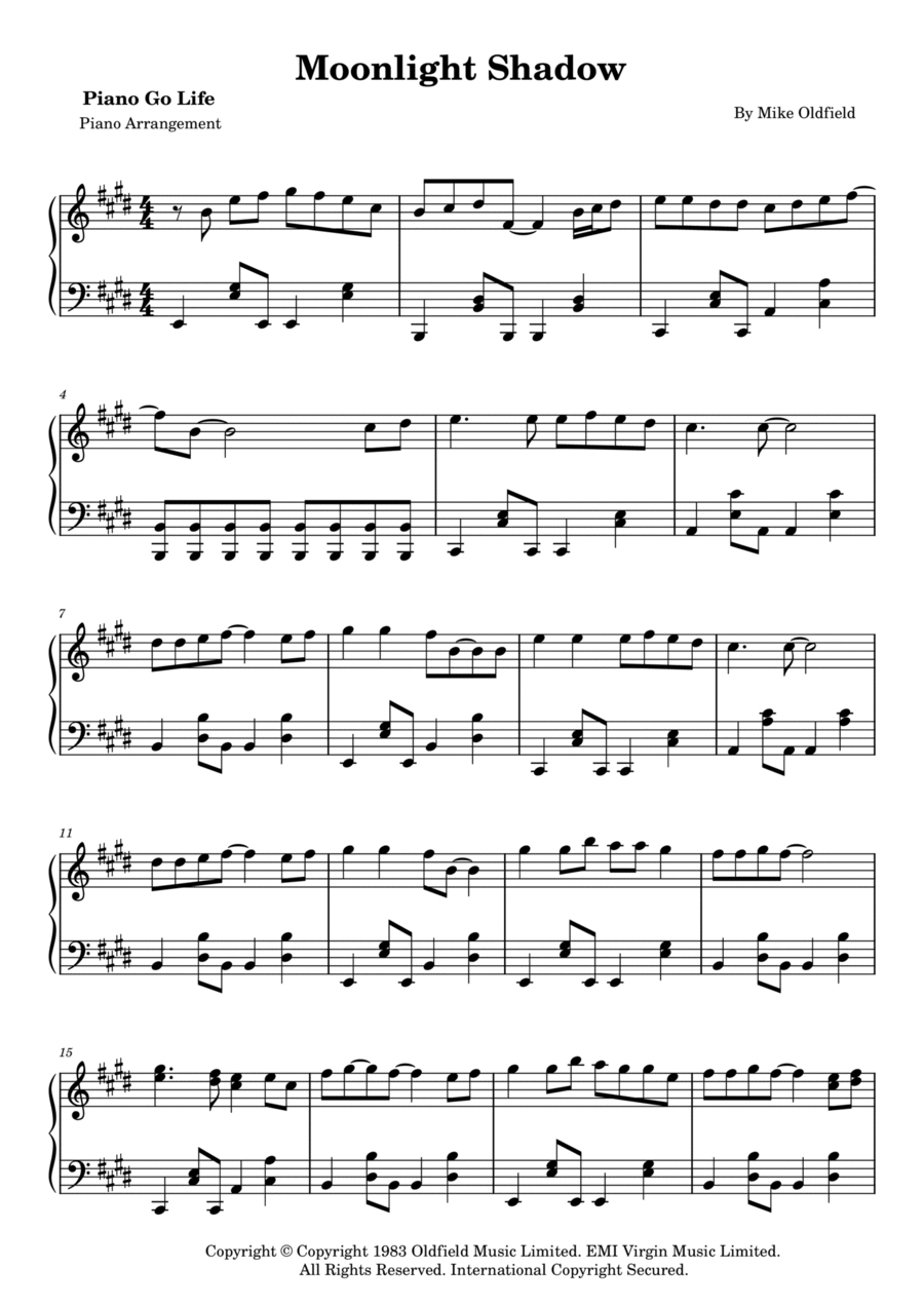 Moonlight Shadow Piano Solo scores gallery preview page 1