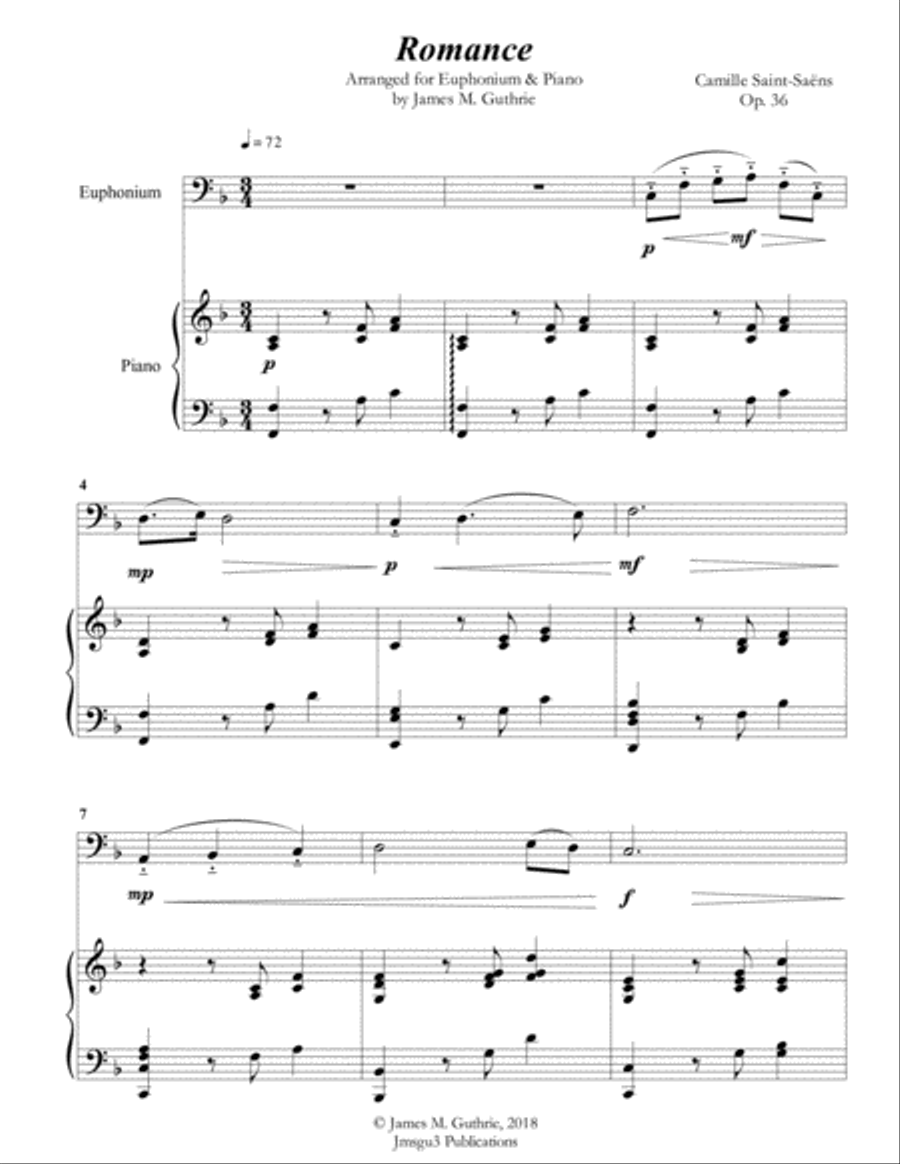 Saint-Saens: Romance for Euphonium & Piano Euphonium scores gallery preview page 1