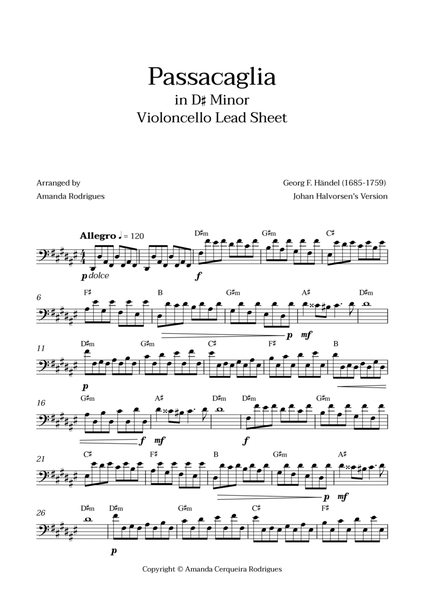 Passacaglia - Easy Cello Lead Sheet in D#m Minor (Johan Halvorsen's Version) image number null