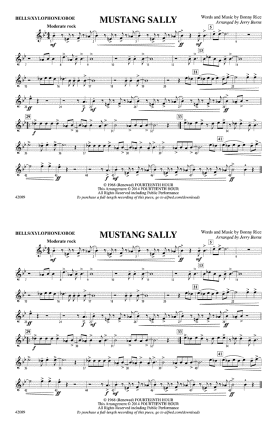Mustang Sally: Bells/Xylophone/Oboe Marching Band scores gallery preview page 1