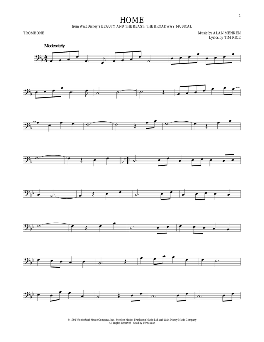 Home (from Beauty and the Beast: The Broadway Musical) Trombone Solo scores gallery preview page 1